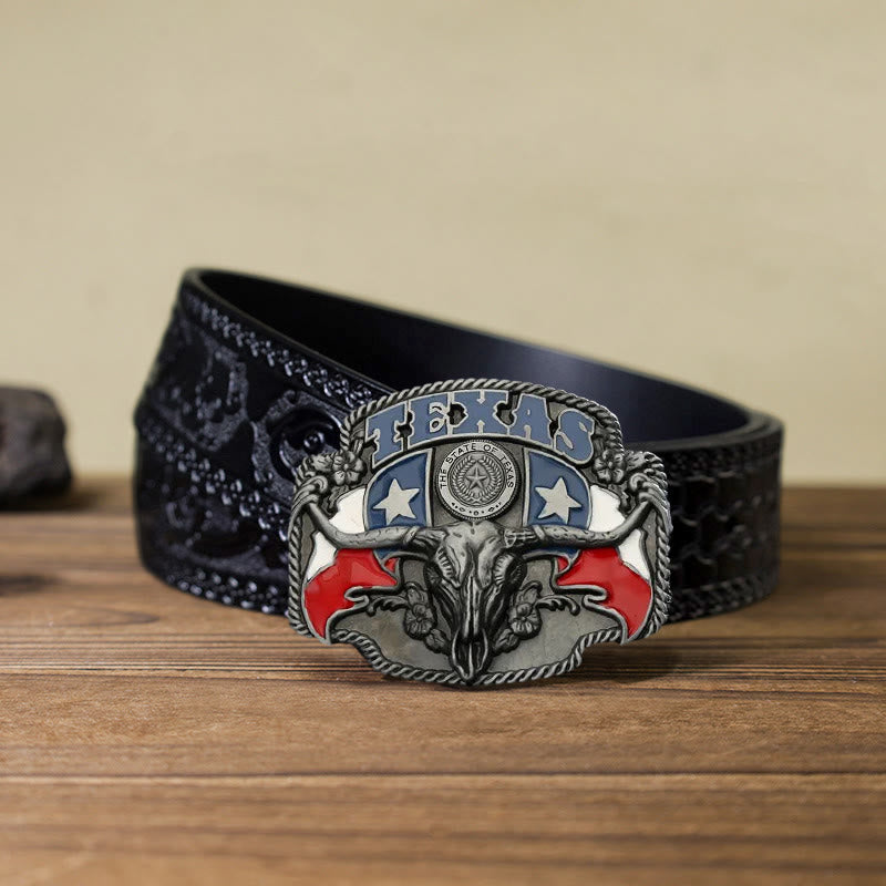 Cintura in pelle fai da te con fibbia a forma di toro Longhorn con bandiera del Texas da uomo - Toro - Cintura nera intagliata (40) - image 8
