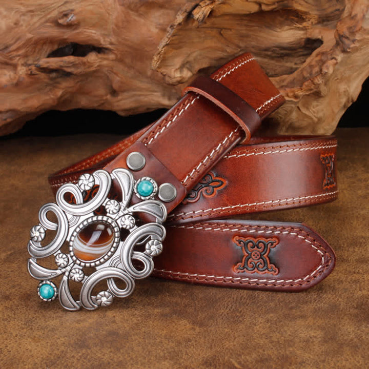 Cintura unisex in pelle con fiore cavo turchese e pietra agata - image 6
