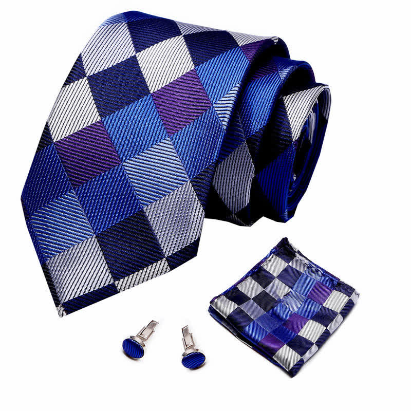 Set di 3 cravatte da uomo a scacchiera blu e grigia moderna - image 1