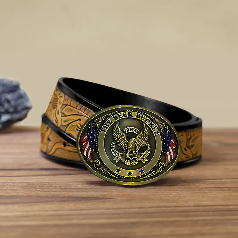 Cintura in pelle con fibbia porta birra creativa fai da te con bandiera USA e aquila da uomo - Bronzo - Cintura marrone sabbia (40) - image 29