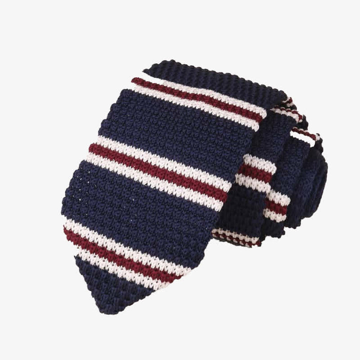 Cravatta da uomo in maglia a righe orizzontali - Blu navy e bordeaux - image 1