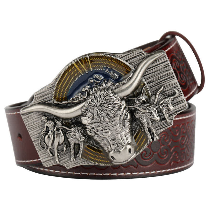 Cintura in pelle goffrata Longhorn Bull da uomo - Marrone / Argento - 46 - image 8