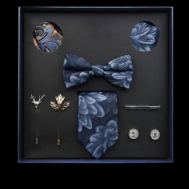 8 pezzi blu navy e blu acciaio chiaro vintage foglia cravatta papillon scatola regalo - Blu navy e acciaio chiaro - image 0