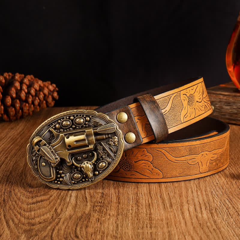 Cintura da uomo in pelle con toro da pistola retrò classica - Pistola e toro - 42 - image 0