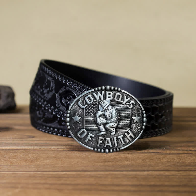 Cintura in pelle con fibbia "Cowboys Of Faith" fai da te da uomo - Argento antico - Cintura nera intagliata (40) - image 14