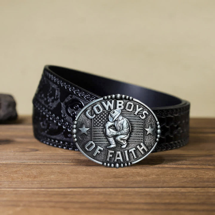 Cintura in pelle con fibbia "Cowboys Of Faith" fai da te da uomo - Argento antico - Cintura nera intagliata (40) - image 14