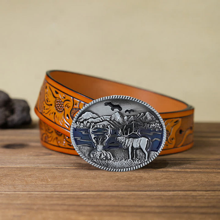 Cintura in pelle con fibbia a forma di cervo con smalto fai da te da uomo - Argento antico - Cintura intagliata arancione (40) - image 14
