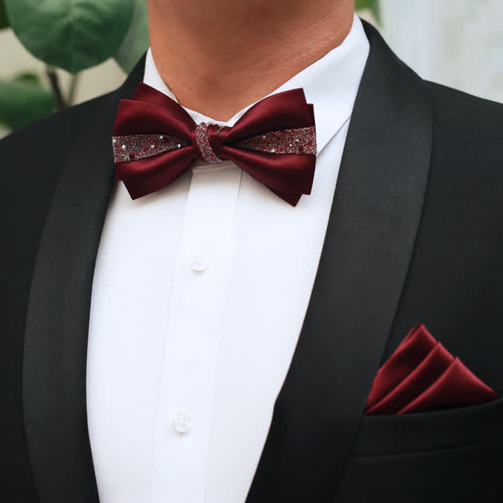 Papillon da uomo con strass rosso e fazzoletto da taschino - image 0