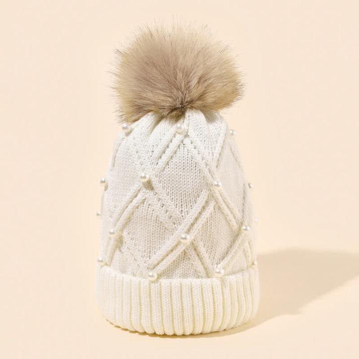 Cappello lavorato a maglia elasticizzato con pompon e perle carine da donna - image 11