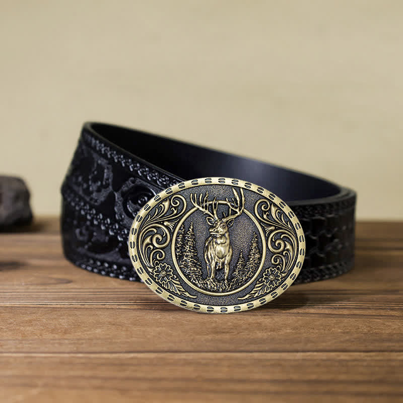Cintura in pelle con fibbia della bandiera americana da cacciatore di cervi fai da te da uomo - Cervo d'oro - Cintura nera intagliata (40) - image 27