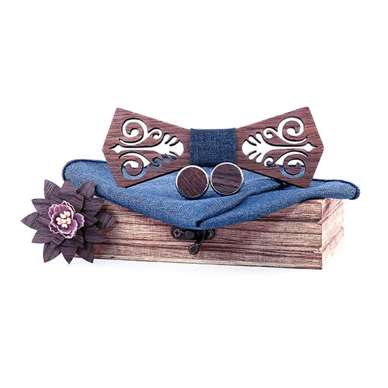 Set di 4 papillon in legno con motivo a fiori cavi da uomo - Blu - image 0