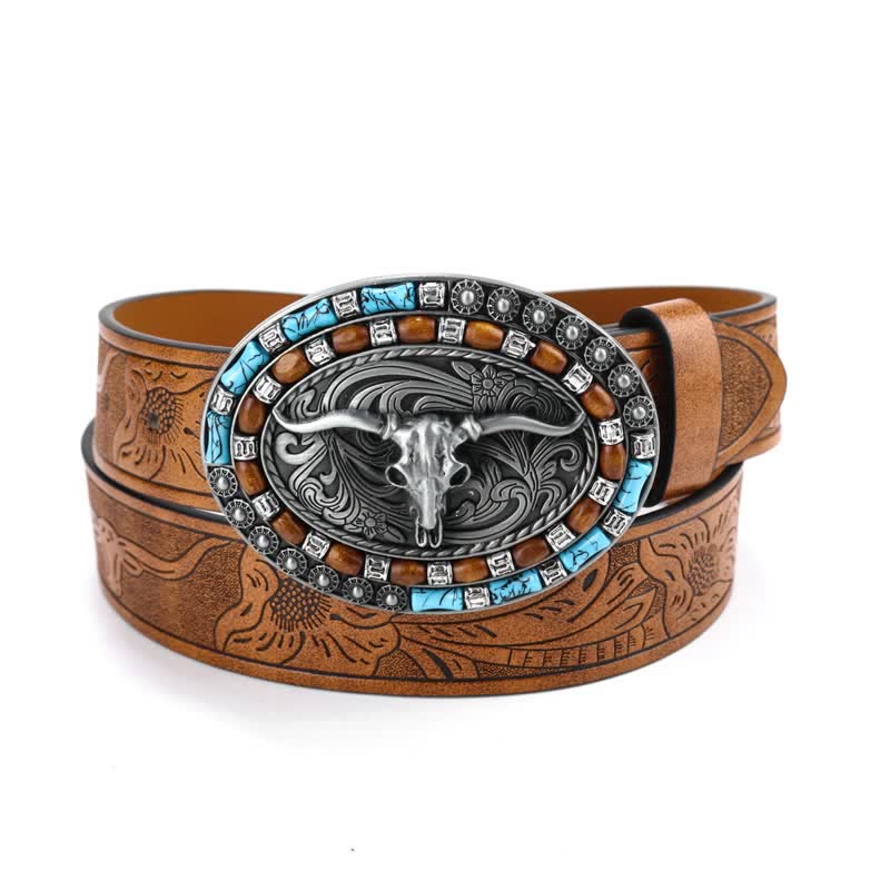 Cintura da uomo in pelle di toro turchese da cowboy western - Marrone / Argento - 40 - image 0