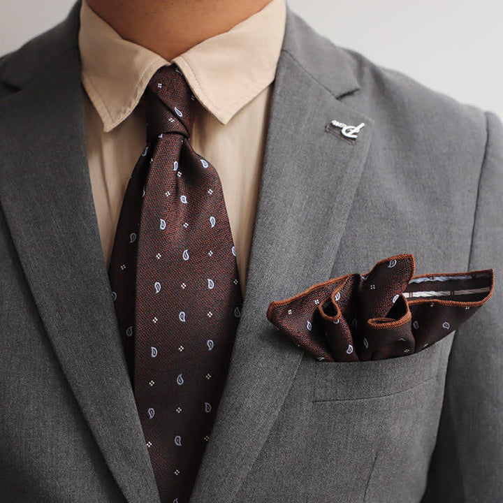 Set 2Ps da uomo con mini motivo vintage e fazzoletto da taschino - Paisley marrone sella - image 0