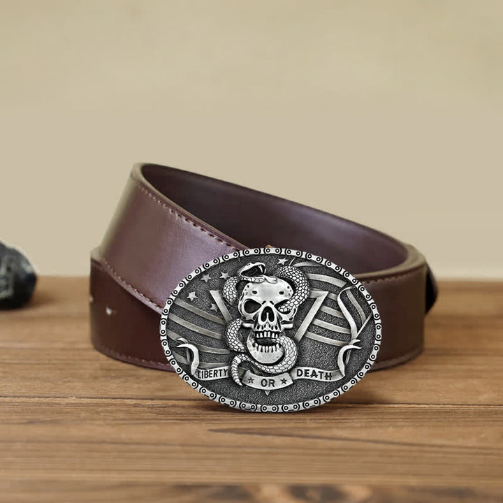 Cintura in pelle fai da te da uomo con fibbia a forma di teschio di serpente "Liberty or Death" - Argento antico - Cintura PU marrone (40) - image 12
