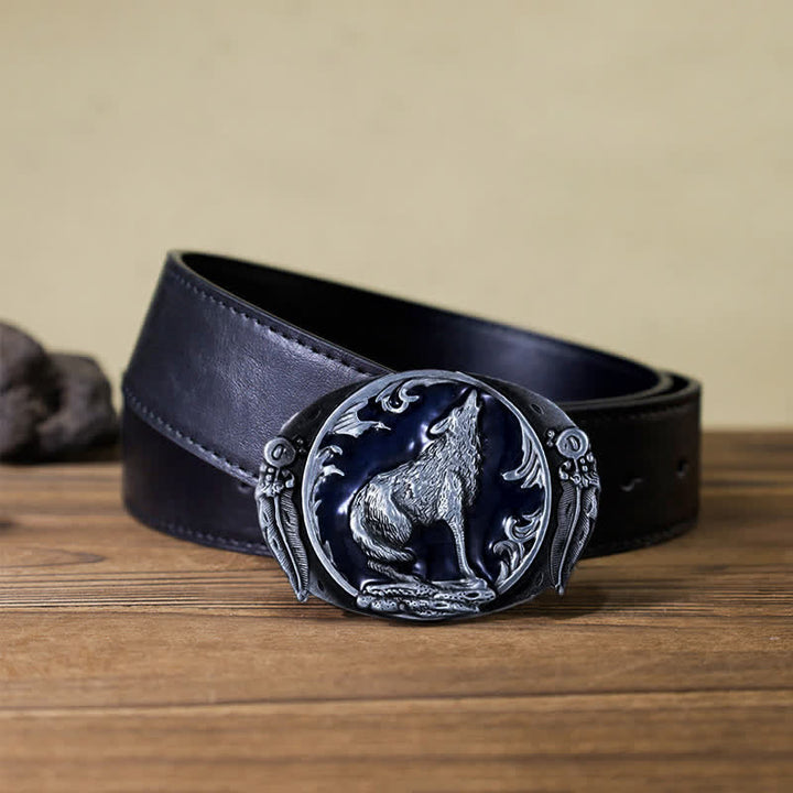 Cintura in pelle con fibbia a forma di lupo ululante e smaltato fai da te da uomo - Blu - Cintura PU nera (40) - image 6