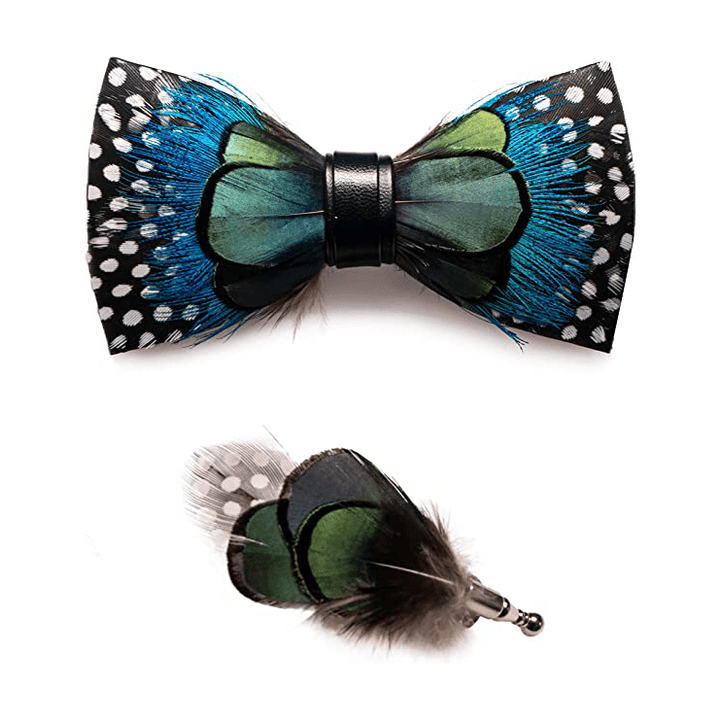 Papillon con piume a pois verdi e blu con spilla da bavero - image 4