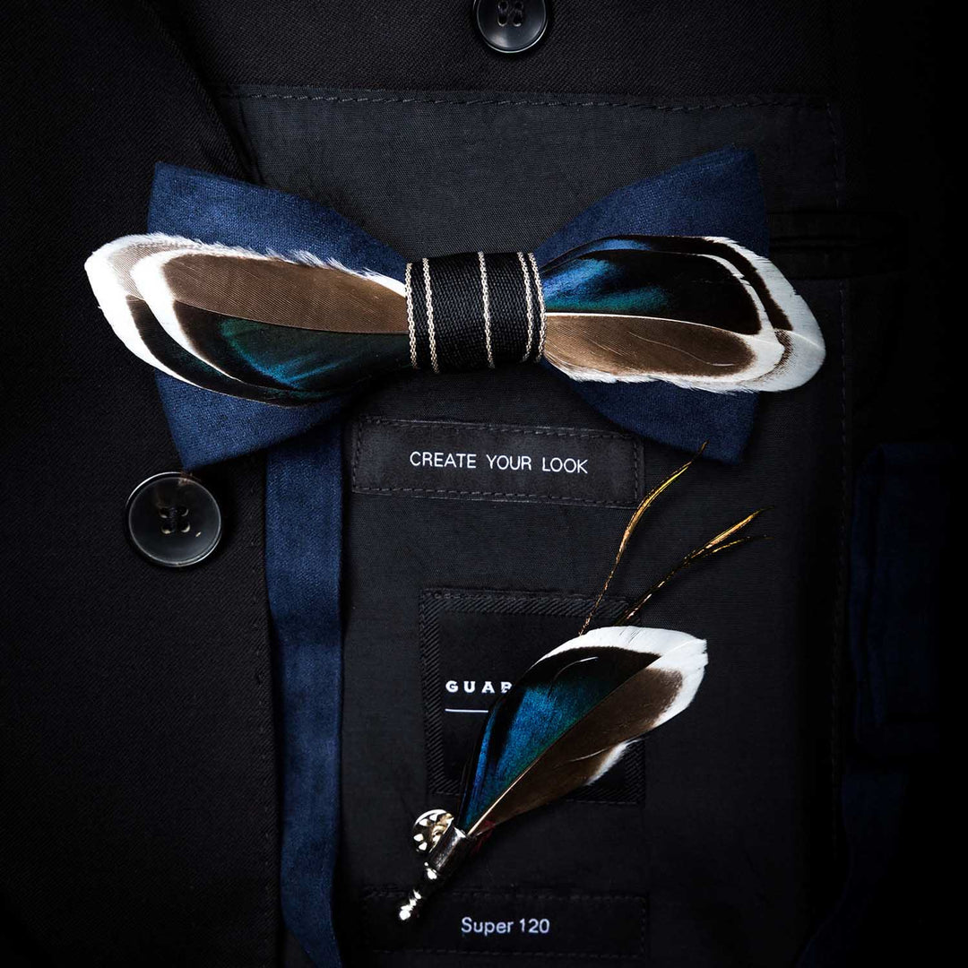 Papillon vintage con piume blu navy e marrone con spilla da bavero - Adulto - image 0