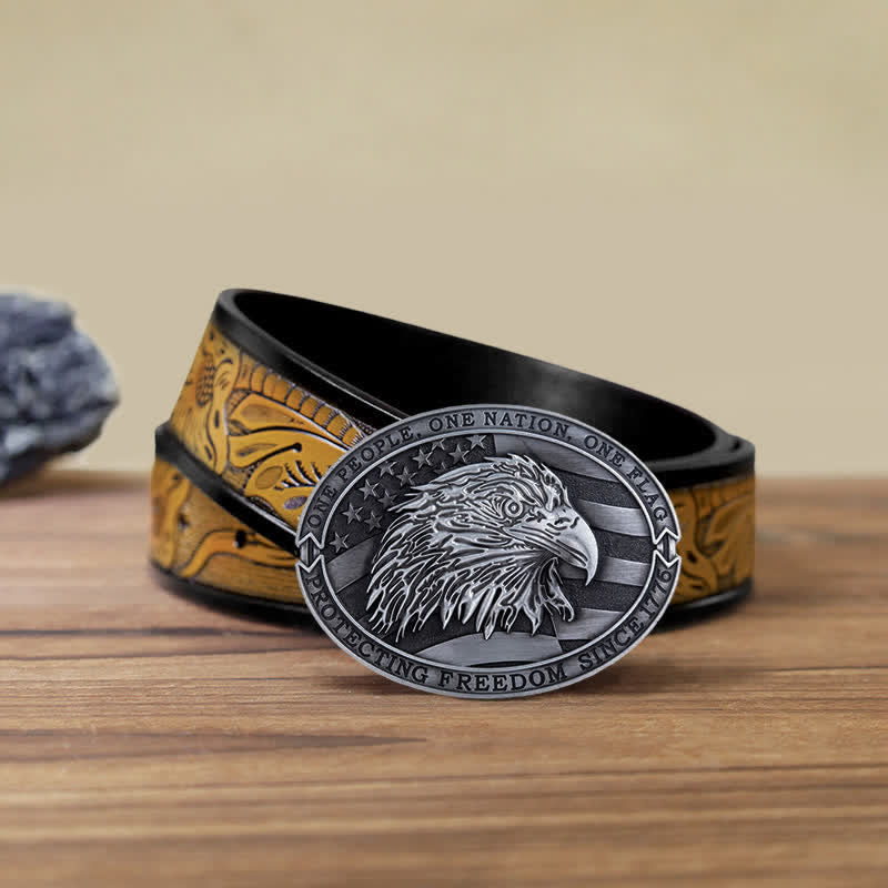 Cintura in pelle con fibbia della bandiera USA con aquila calva patriottica fai da te da uomo - Argento antico - Cintura marrone sabbia (40) - image 21