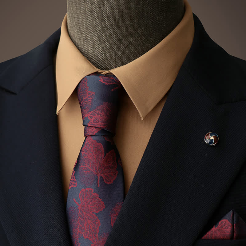 Cravatta da uomo con foglia d'acero blu navy e bordeaux - Blu navy e bordeaux - image 0