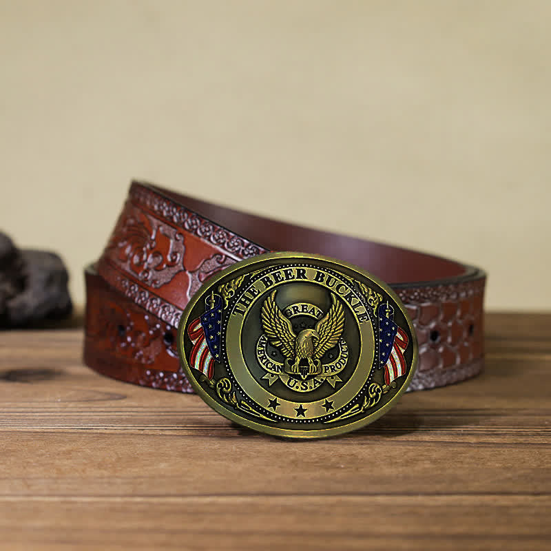 Cintura in pelle con fibbia porta birra creativa fai da te con bandiera USA e aquila da uomo - Bronzo - Cintura marrone intagliata (40) - image 25