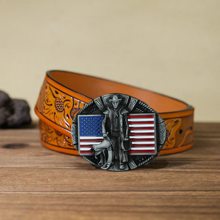 Cintura in pelle con fibbia da cowboy con bandiera americana fai da te da uomo - Cowboy - Cintura intagliata arancione (40) - image 19