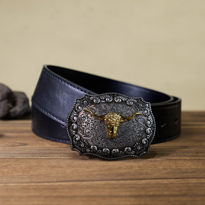 Cintura in pelle fai da te con fibbia in argento anticato Longhorn Bull da uomo - Oro - Cintura PU nera (40) - image 3