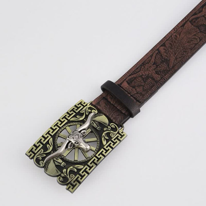 Cintura in pelle da uomo con fibbia a forma di toro in bronzo cavo - image 1
