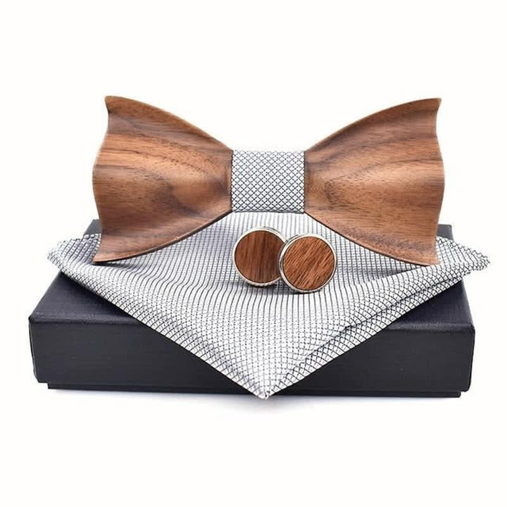 Set di 3 cravatte a farfalla in legno a scacchi piccoli da uomo - Grigio - image 2
