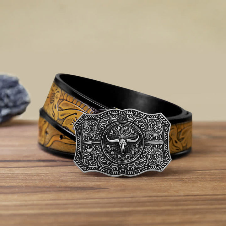 Cintura in pelle fai da te con fibbia a forma di freccia di toro a forma di corno lungo da uomo - Argento antico - Cintura marrone sabbia (40) - image 21