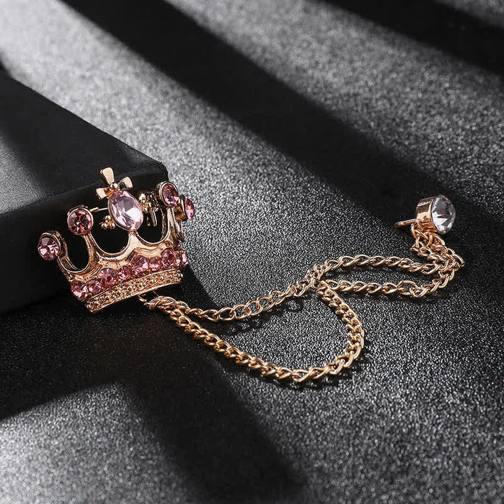 Spilla da uomo con catena a corona retrò e strass - Oro e rosa - image 12