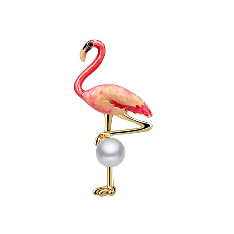 Spilla da donna a forma di fenicottero smaltato con perla - Rosa - image 0
