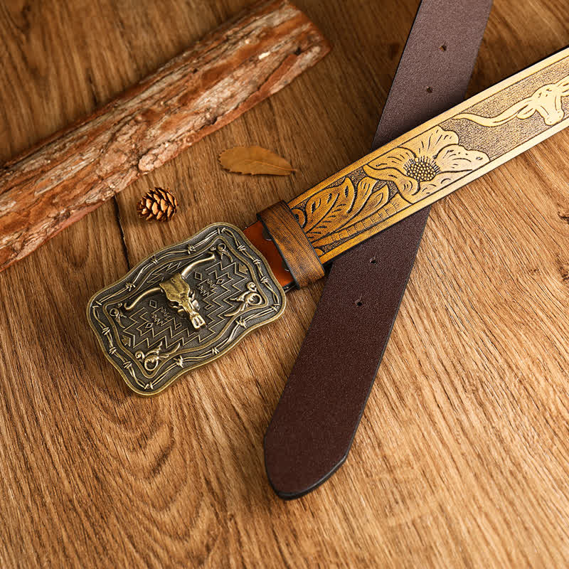 Cintura da uomo in pelle con testa di toro totem western - image 1