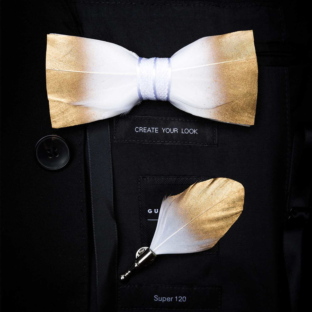 Papillon classico con piume bianche e dorate con spilla da bavero - Oro e bianco - image 0