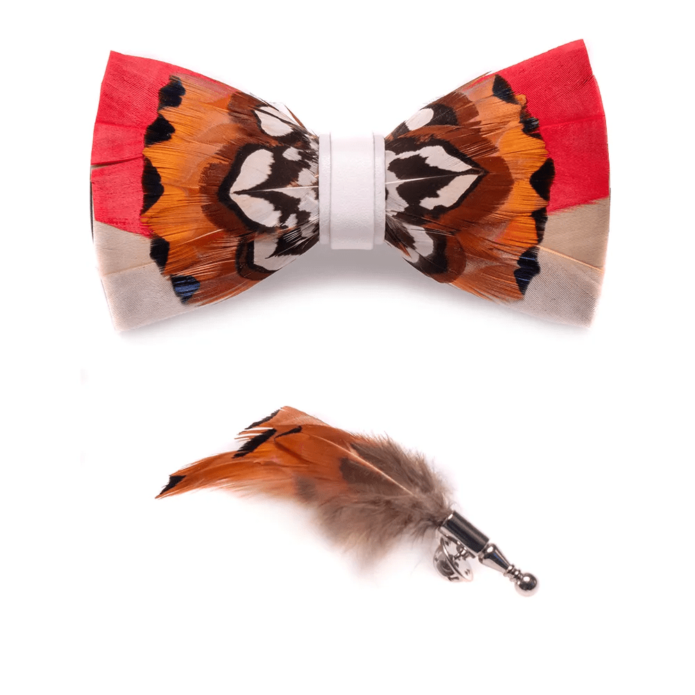 Papillon con piume vivaci arancioni e bianche con spilla da bavero - image 2