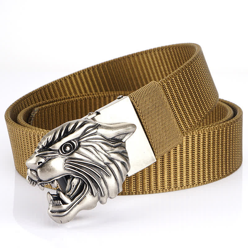 Cintura in nylon con testa di tigre ruggente da uomo - Cachi / Argento - 48" - image 15