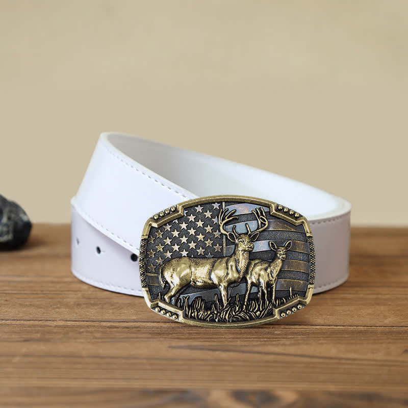 Cintura in pelle con fibbia della bandiera americana da cacciatore di cervi fai da te da uomo - Cervi d'oro - Cintura PU bianca (40) - image 15