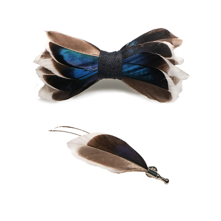 Papillon con piume grazioso blu scuro e marrone con spilla da bavero - image 3