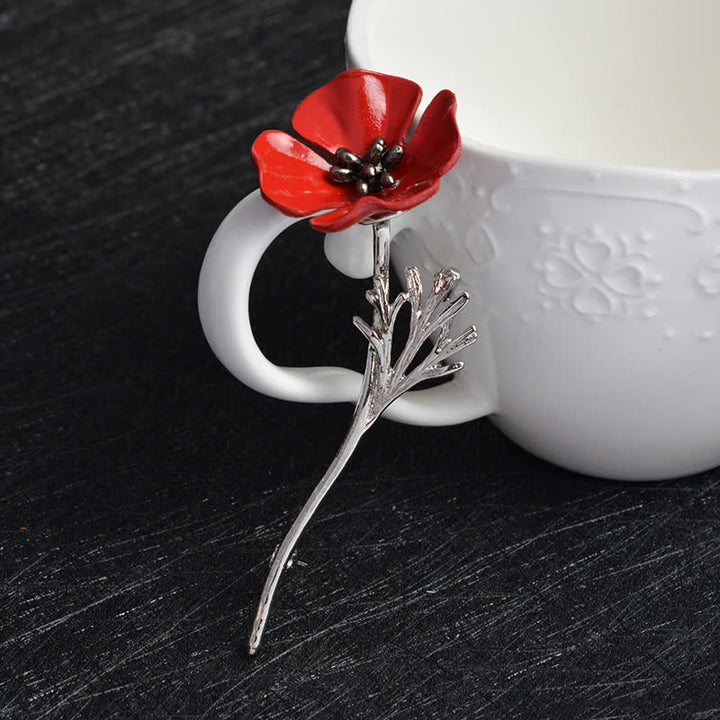Spilla da donna con fiore di papavero rosso di classe - Argento - image 2