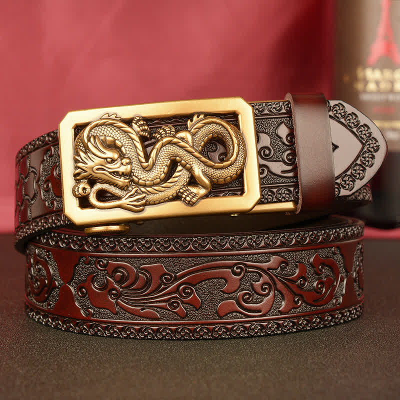 Cintura in pelle con stampa drago a spirale da uomo - Oro e marrone - 46 - image 0
