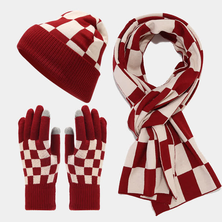 Set di 3 cappelli, sciarpe e guanti a quadri a scacchi unisex - Borgogna - Regolabile (22"-22 7/8") - image 4