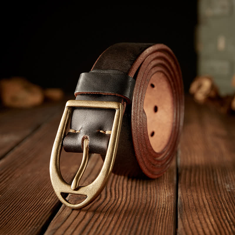 Cintura in pelle con fibbia in rame resistente da uomo - Caffè - 46 - image 0