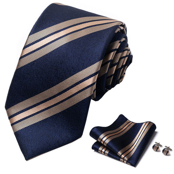 Set di 3 cravatte a righe blu navy e grano da uomo - image 1