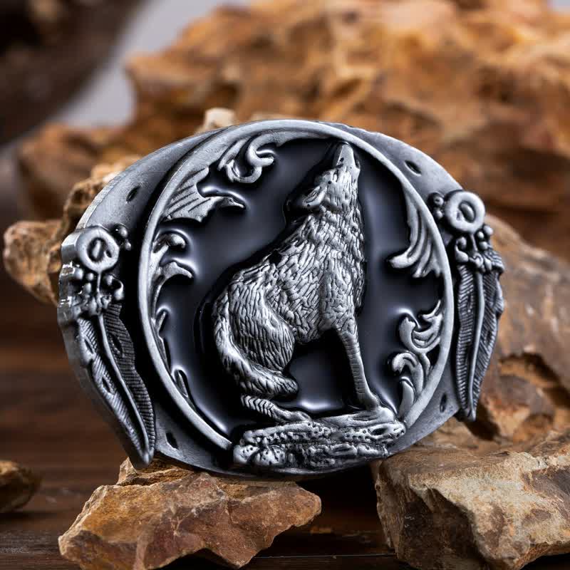 Cintura in pelle con fibbia a forma di lupo ululante e smaltato fai da te da uomo - Nero - Senza cintura - image 0
