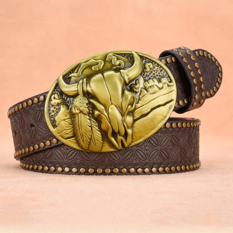 Cintura in pelle con fibbia a testa di toro e rivetto decorativo da uomo - image 2