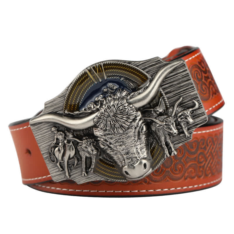 Cintura in pelle goffrata Longhorn Bull da uomo - Arancione / Argento - 46 - image 9