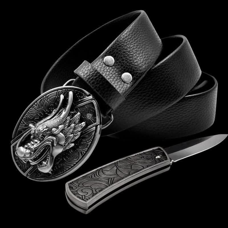 Cintura in pelle vintage da uomo con drago 3D e coltello pieghevole - Drago - 46 - image 0