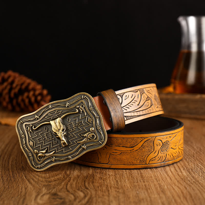 Cintura da uomo in pelle con testa di toro totem western - Marrone-giallastro - 42 - image 0
