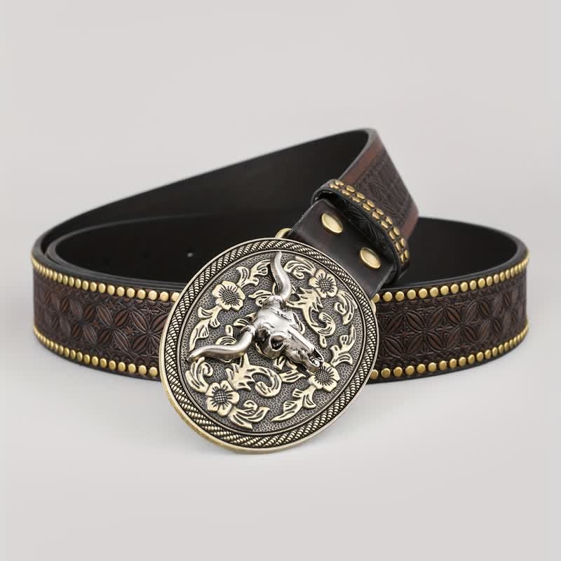 Cintura da uomo in pelle goffrata con testa di toro marrone scuro - Toro - 42 - image 0