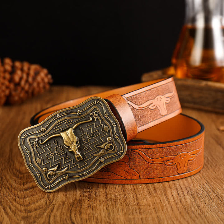 Cintura da uomo in pelle con testa di toro totem western - Marrone-rossastro - 42 - image 2