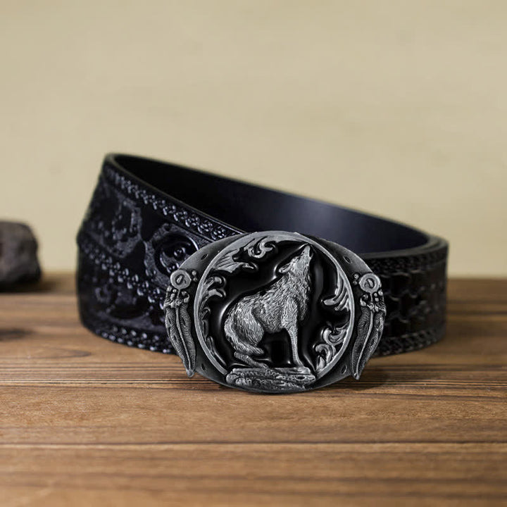 Cintura in pelle con fibbia a forma di lupo ululante e smaltato fai da te da uomo - Nero - Cintura nera intagliata (40) - image 14